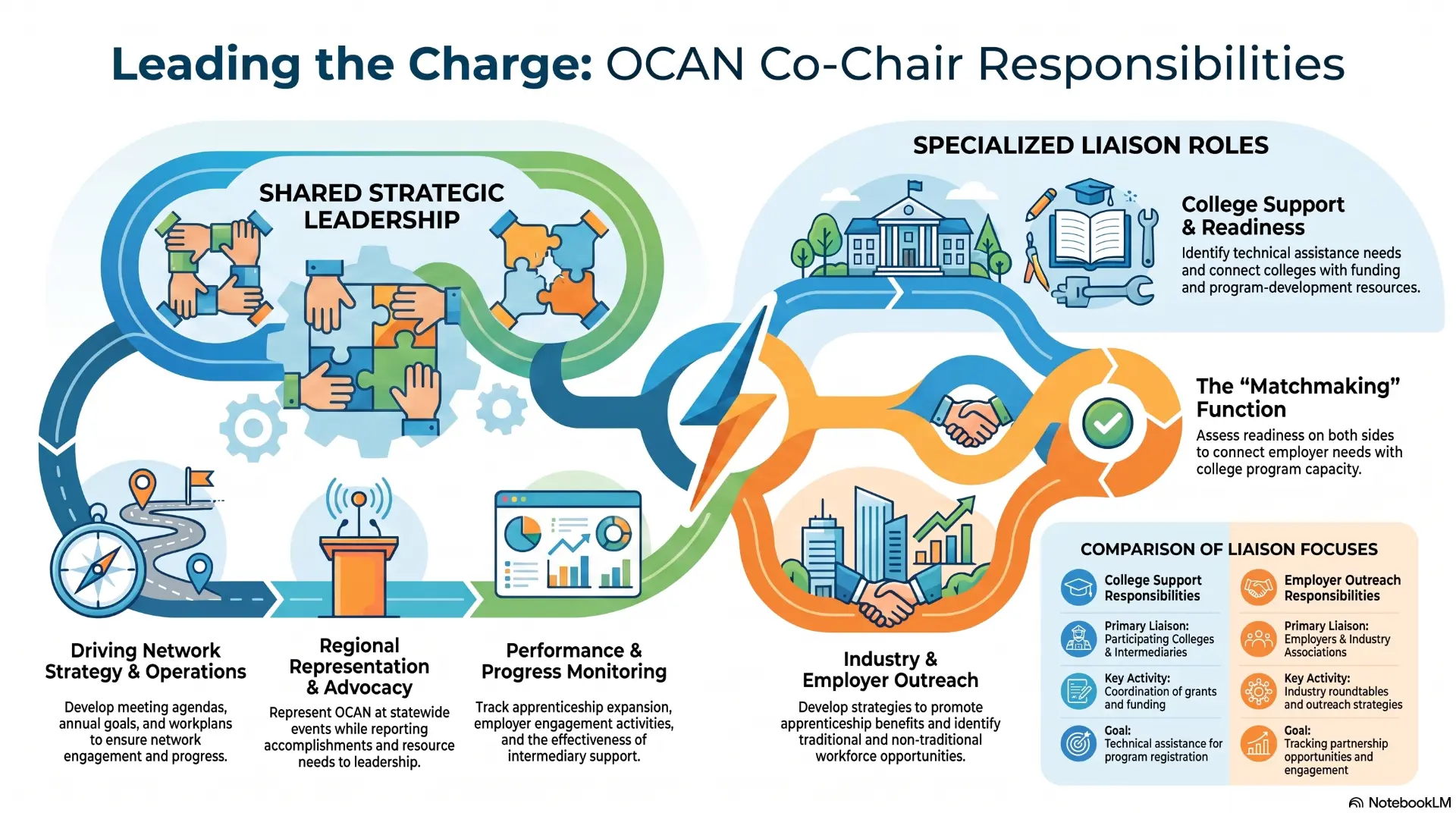 OCAN co-chair responsibilities: shared strategic leadership including network strategy and operations, regional representation and advocacy, and performance monitoring, plus specialized liaison roles for college support and readiness, industry and employer outreach, and the matchmaking function connecting employer needs with college program capacity