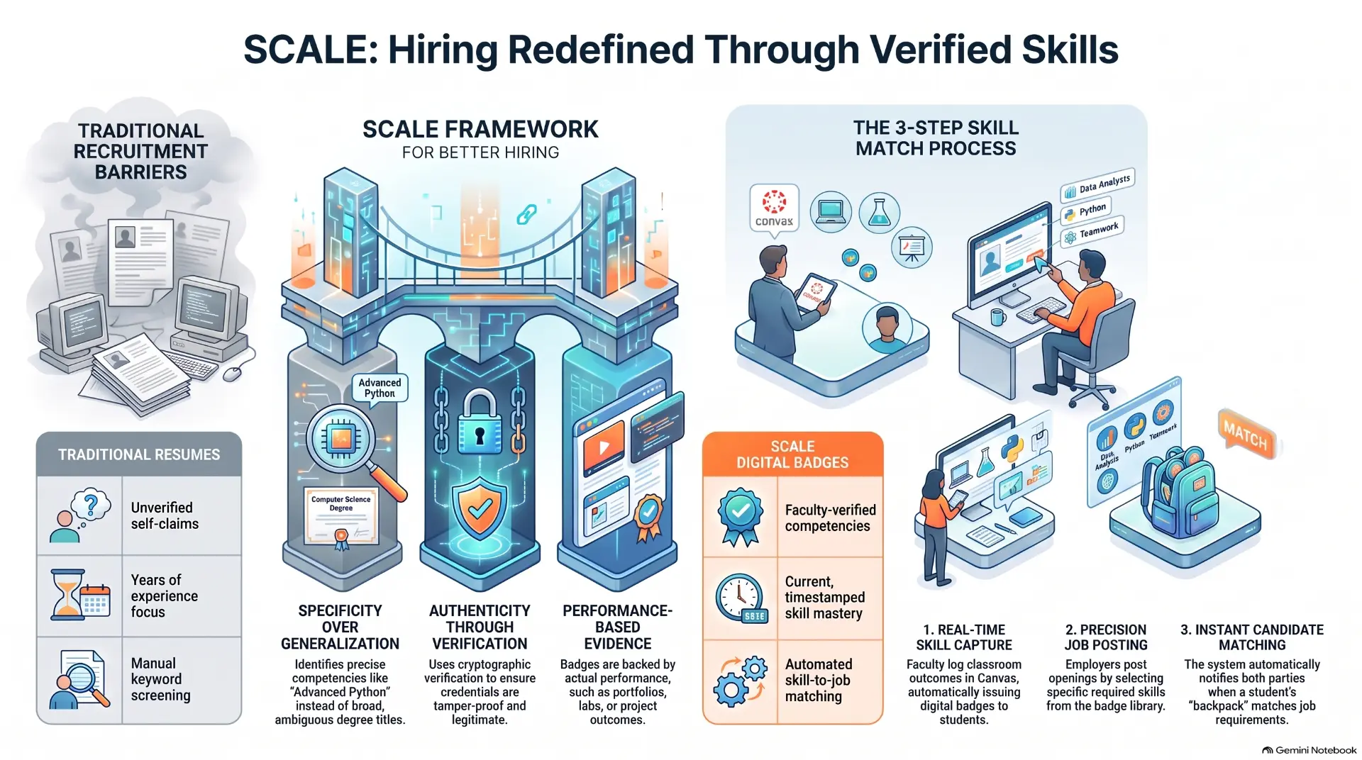 SCALE: hiring redefined through verified skills — traditional recruitment barriers versus the SCALE framework of specificity over generalization, authenticity through verification, and performance-based evidence, plus the three-step skill match process of real-time skill capture, precision job posting, and instant candidate matching
