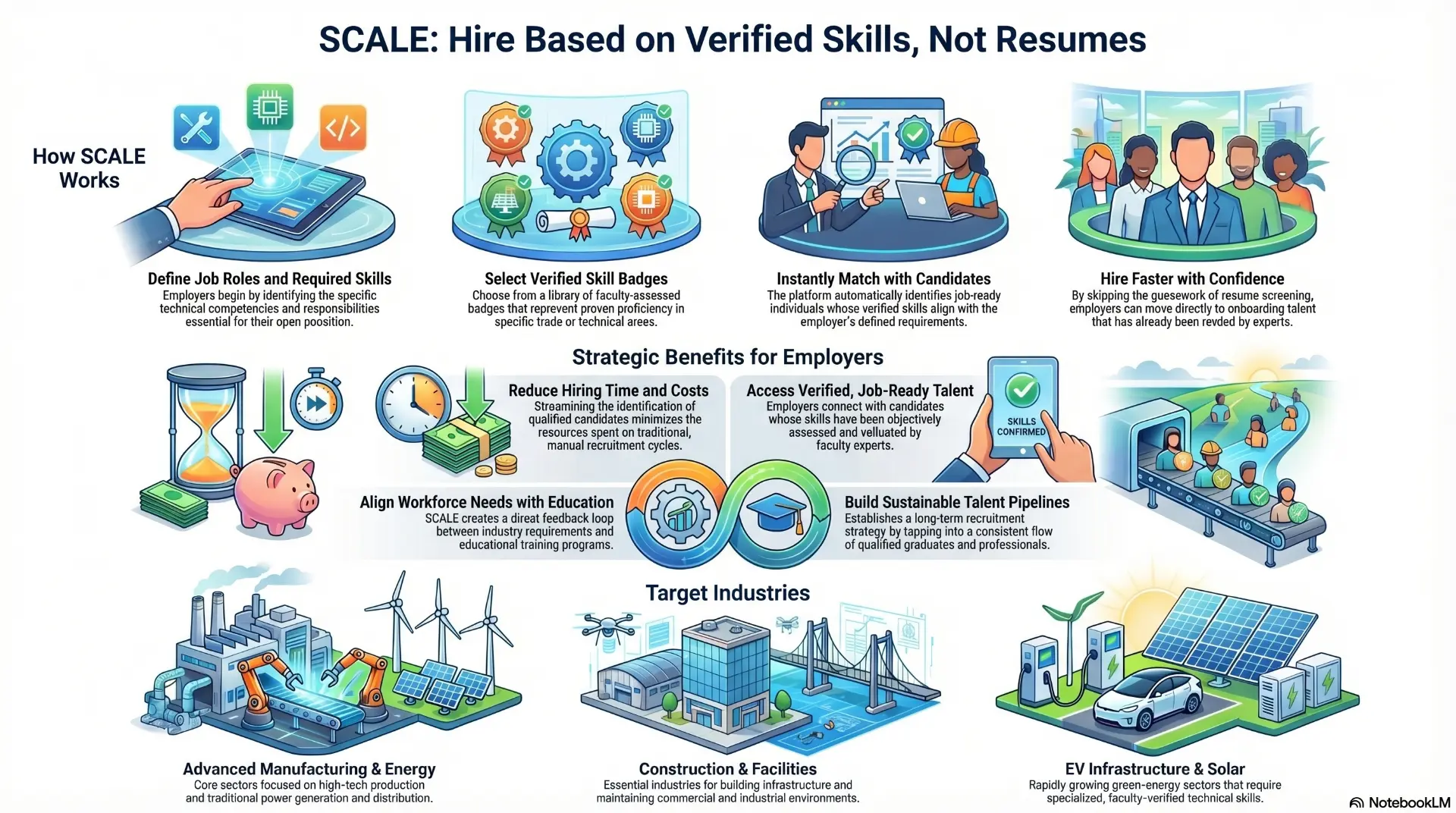 SCALE skills-based hiring overview: define job roles and required skills, select verified skill badges, instantly match with candidates, and hire faster with confidence, plus employer benefits and target industries in advanced manufacturing, construction, and EV infrastructure and solar