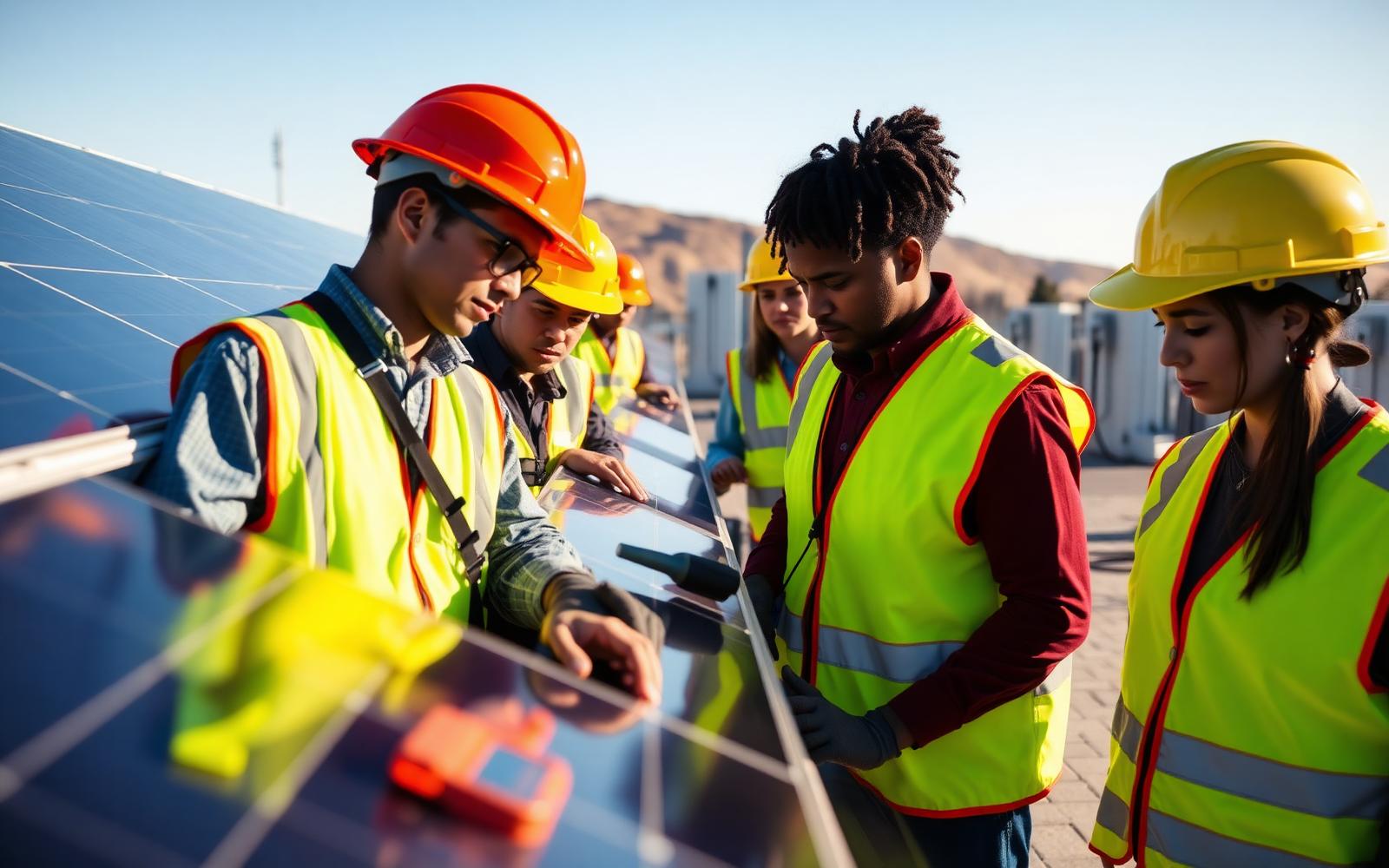 Apprentice technicians in safety vests inspecting a commercial solar array