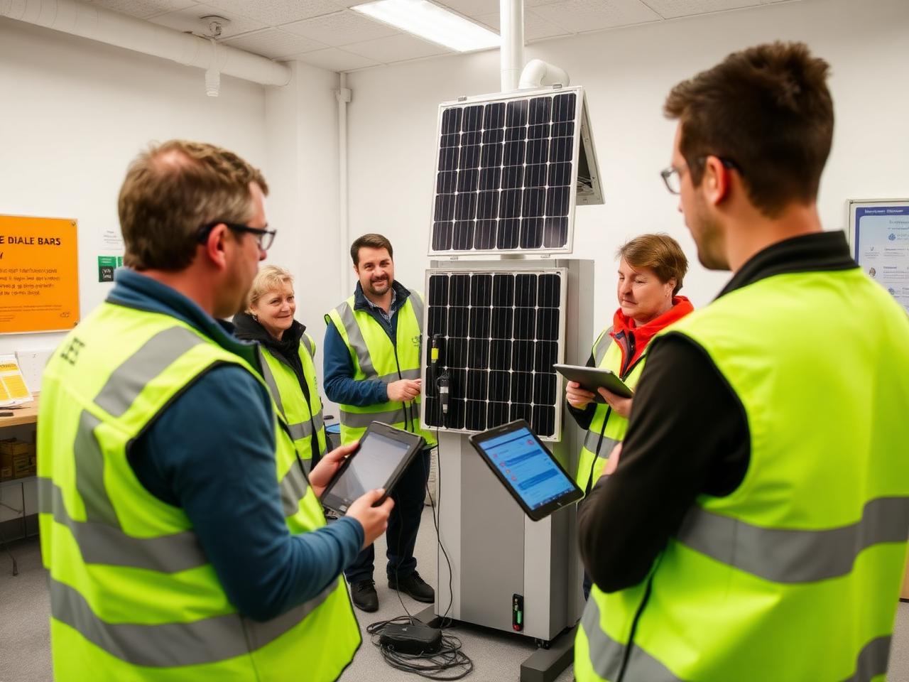 Instructor and adult students training on a mock EV charger and solar rig